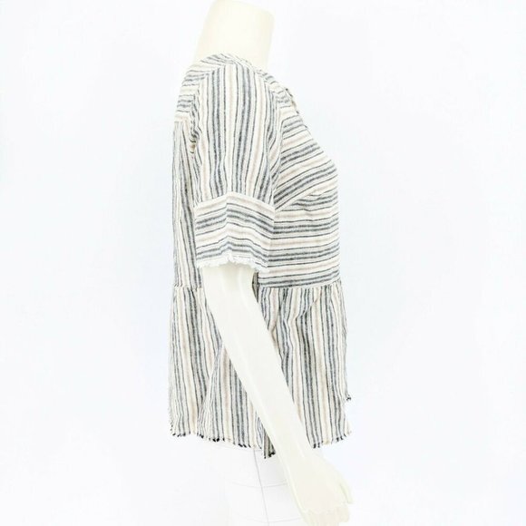 Denim & Co. Striped Blouse Top Fringe Detailing Neutral Tan Women's‎ Size XXS - Picture 2 of 7